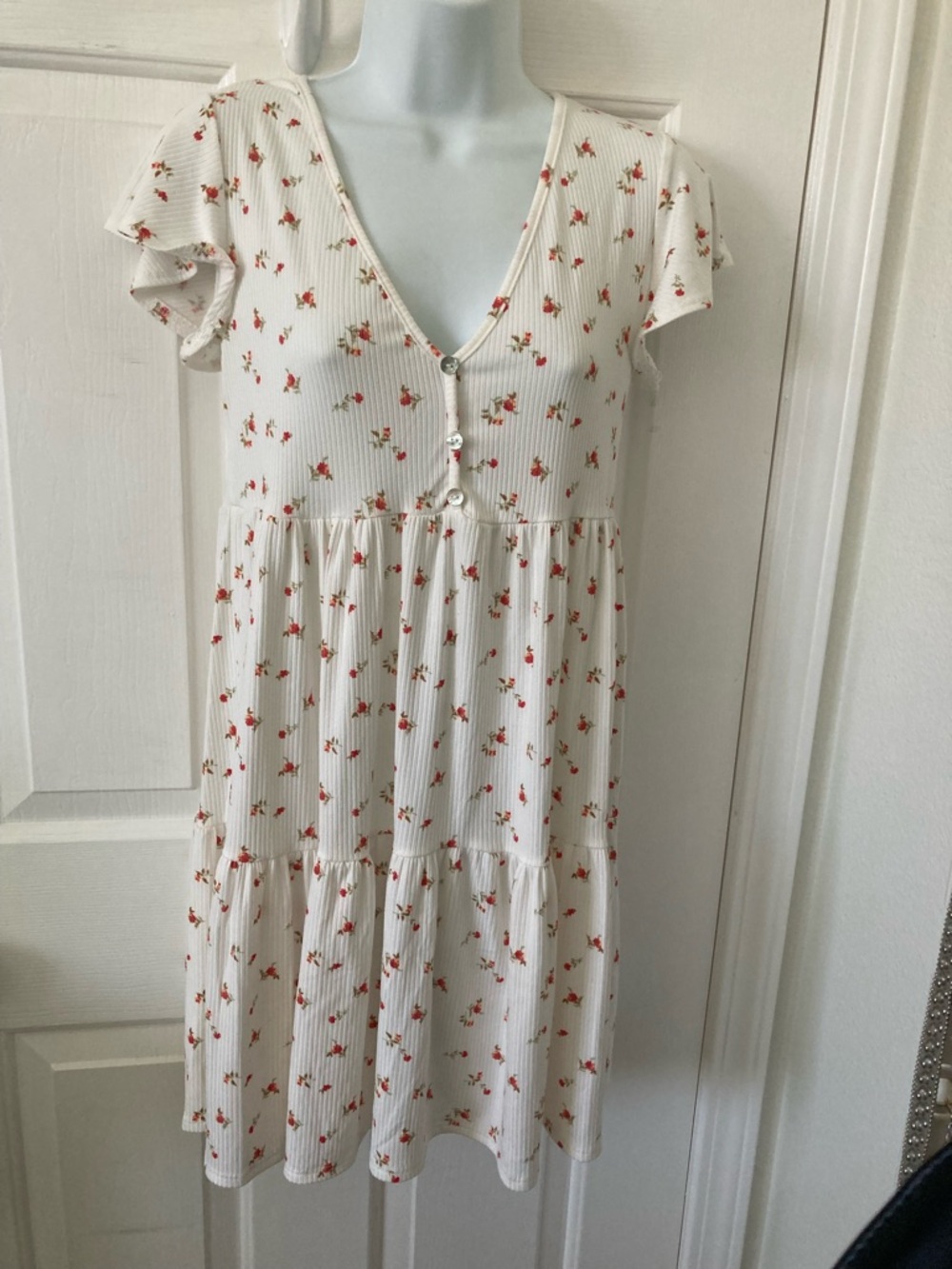 See You Monday White Floral Midi Dress with Red Flower Print
